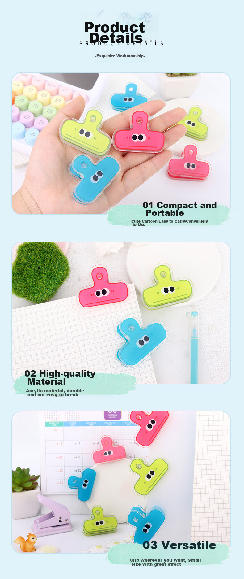 Touch Fish Long Tail Clip, Office Supplies, File And Book Dual-Use, PP Material, Strong Grip, Plastic Material, 3-Pack, Cute Cartoon PP Clips 7