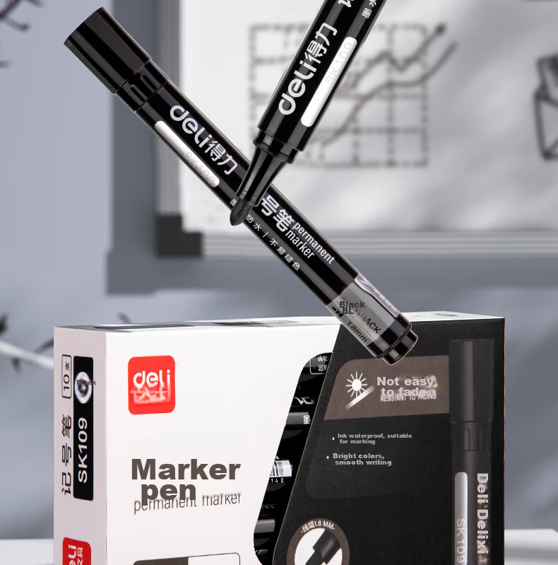 Deli Stationery Black Single-Tip Fine Pen Oil-Based Marker, Student Children's Art Drawing Outline Pen Conference Pen Study Marker Pen Marking Pen 10 Pcs/box SK109 Black 2
