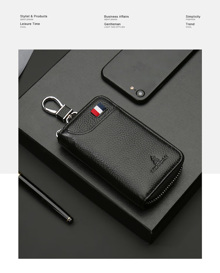 MEXICAN Car Key Case, Unisex Leather Card Holder with Zipper, Coin Purse, Multifunctional Key Ring, Black 4