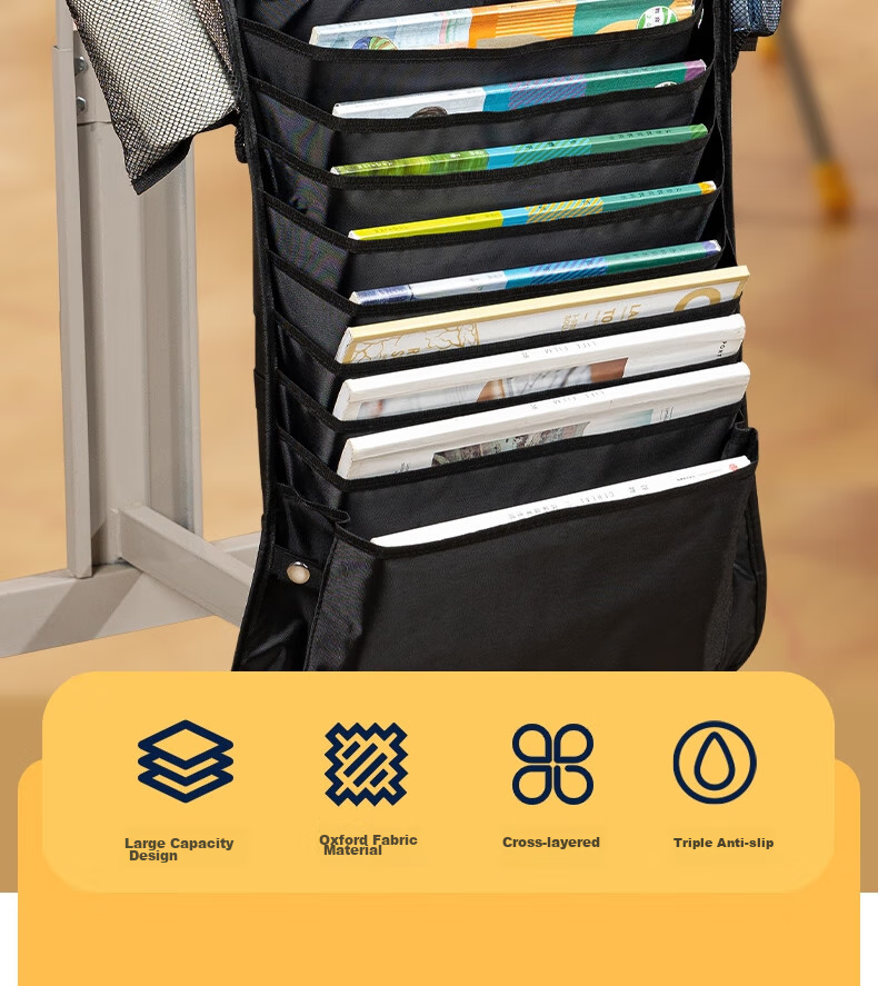 Deli 16-Grid Hanging Book Bag for Desk, Thirteen-Layer Upgraded Cross Storage Desk Hanging Bag, Student Book Storage Organizer, Thickened Version, Black School Supplies 2