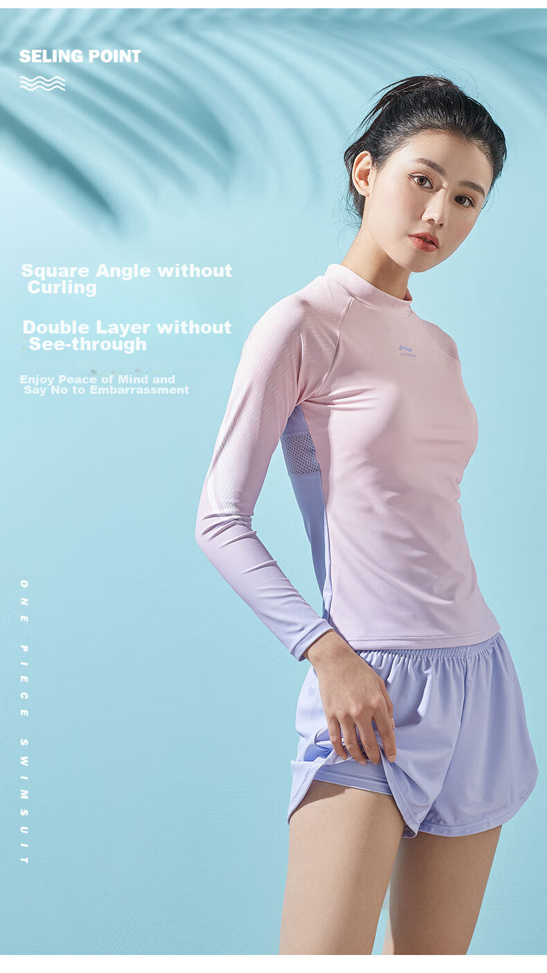 Li-Ning Women's Swimsuit, Sports Casual Two-Piece Swimwear, Fashionable Color-Block Long-Sleeve Hot Spring Resort Swimwear, 072 Blue Pink, 3XL 7