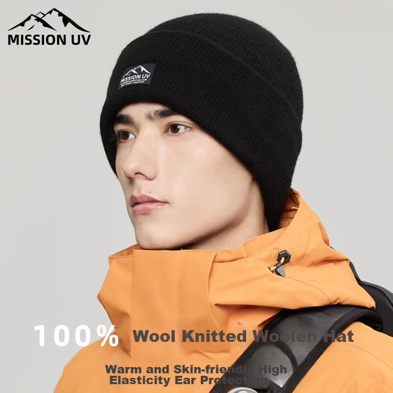 MISSION UV Pure Wool Hat, Autumn And Winter Men's Thickened Warm Knitted Hat, Woolen Cap, Outdoor Hiking Cold Hat, Winter Hat, Cold Protection Hat
