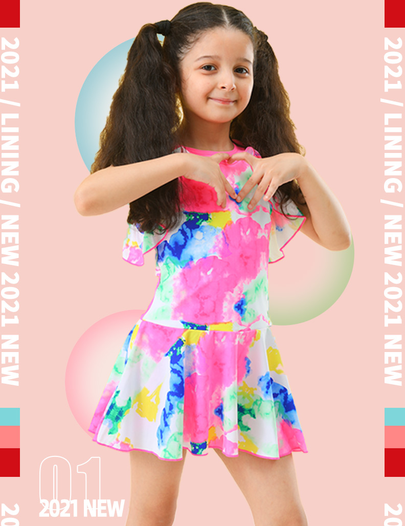 LI-NING Kids Girls One-Piece Cute Skirt Style Swimsuit LSLN504-1 Bright Pink 140 (120-130cm) 3