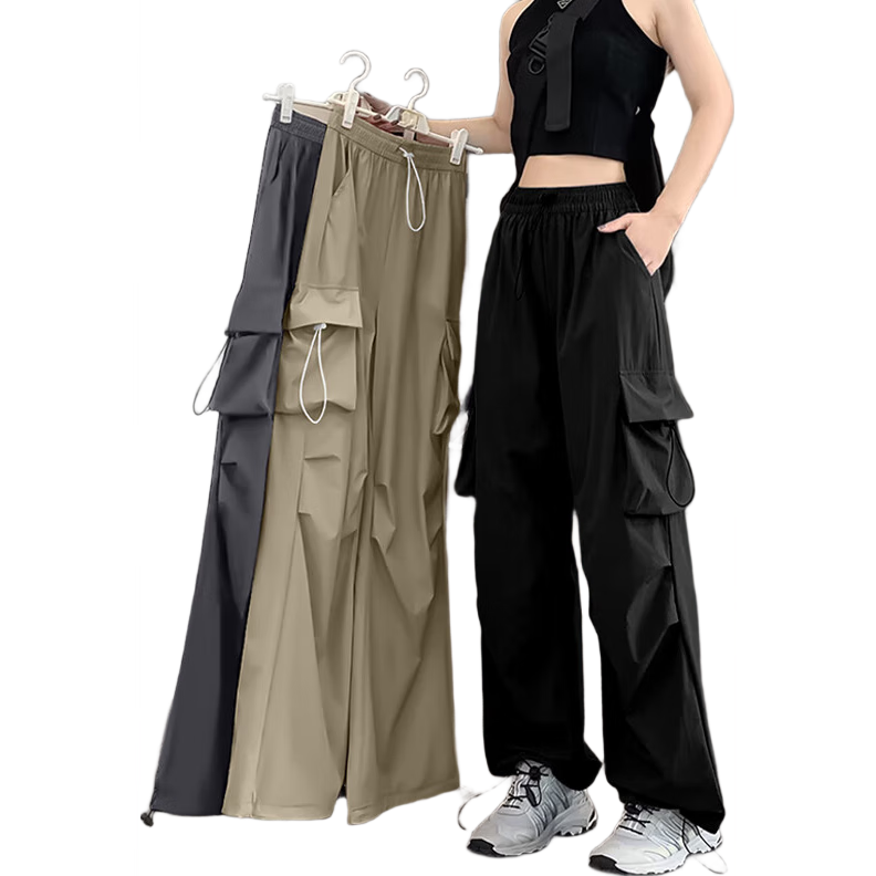 FitonTon Parachute Cargo Pants for Women, Summer Ice Silk Thin High-Waisted Wide-Leg Pants, Slimming Straight-Leg Drawstring Quick-Dry Pants, Casual Trousers