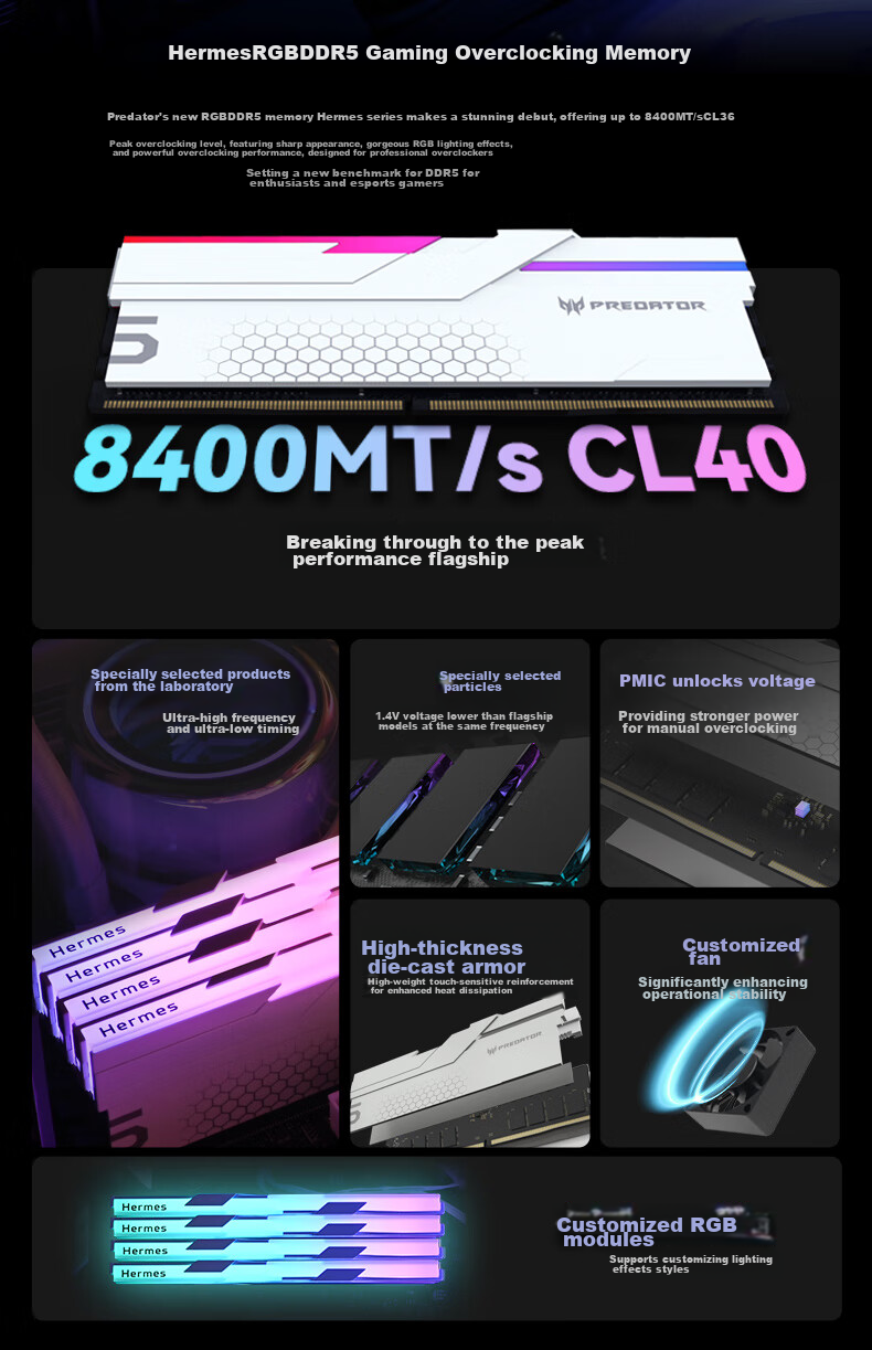 PREDATOR 48GB (24GB×2) Kit, DDR5 6000MHz, Desktop Memory Module, Hermes Ice Blade Series, RGB Light Bar (C28), White, AI Computer Accessory 9