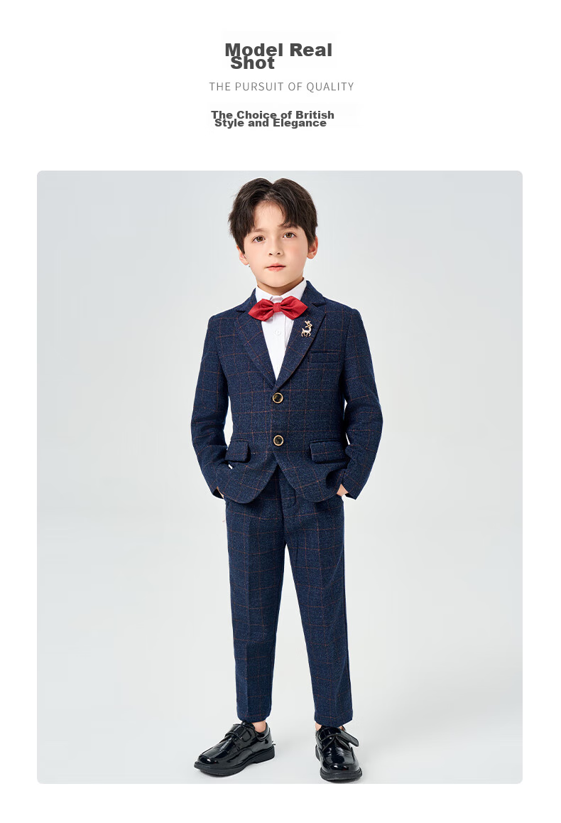Luomeng Children's Suit Set, Flower Boy Host Formal Wear, Boys' First Birthday Piano Performance Outfit, Navy Blue And Yellow Plaid, Size 120 17