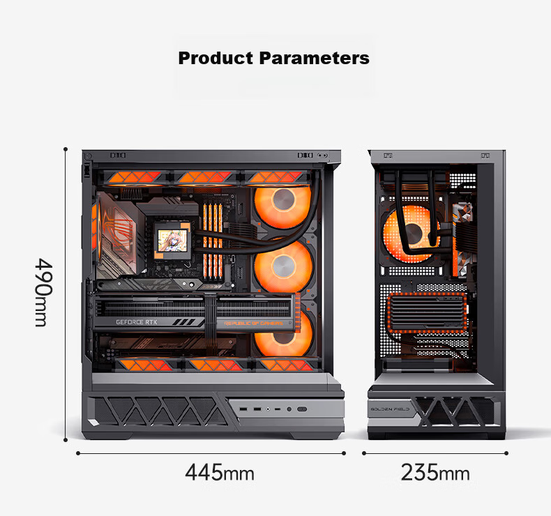 Golden Field Parallel World Black Gaming Computer Desktop Case Compatible with Dual 360mm Water Cooling ATX Motherboard Three-Sided Quick Release Supports Back Mounting 270° Panoramic View 19