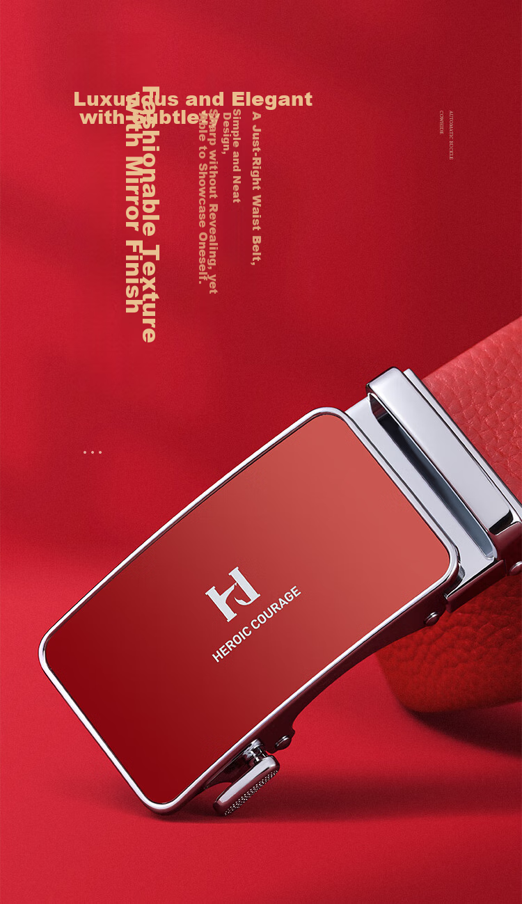 HLA Men's Belt with Automatic Buckle, Business-Style Top-Layer Cowhide Red Waistband, Fashionable Birthday Gift, Trouser Belt for Boyfriend Or Father 4