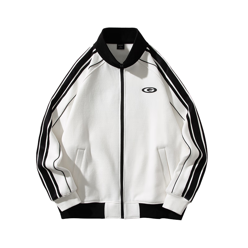 GOLFCROSS Trendy Couple's Style, Preppy Striped Contrasting Color Stand-Up Collar Loose Cardigan Sweatshirt Jacket, White, M