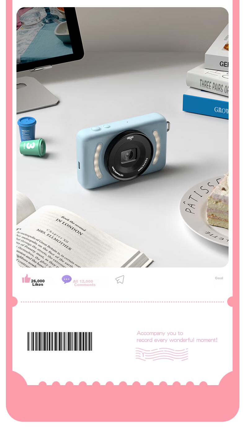 Aigo E3 Student Digital Camera, Compact Card Camera for Girls, High-Definition Campus Travel Birthday Gift Alternative, CCD Dual Rear Cameras with Selfie Function, 32GB Pink 15