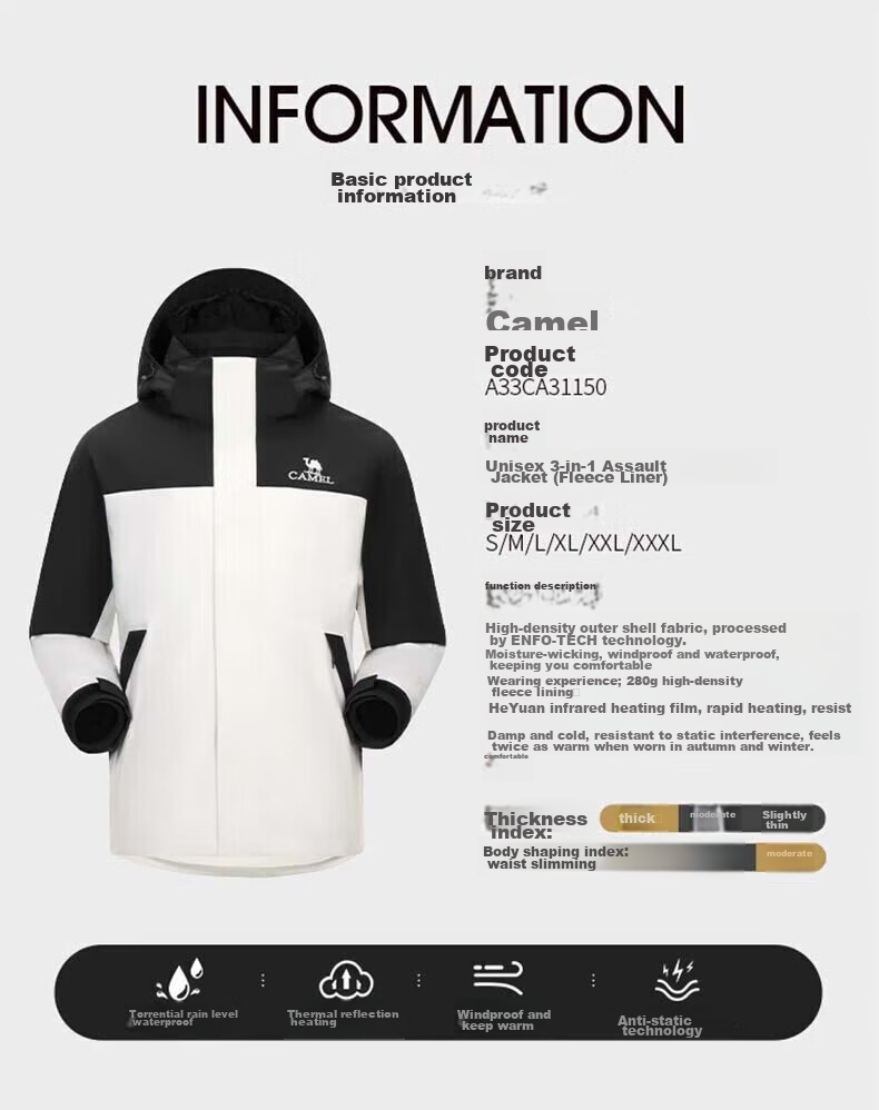 CAMEL Hard Shell Fleece Jacket Three-In Thickened Mountaineering Suit 31150, Deep Night Purple Phantom Black, for Men And Women, XXL 14