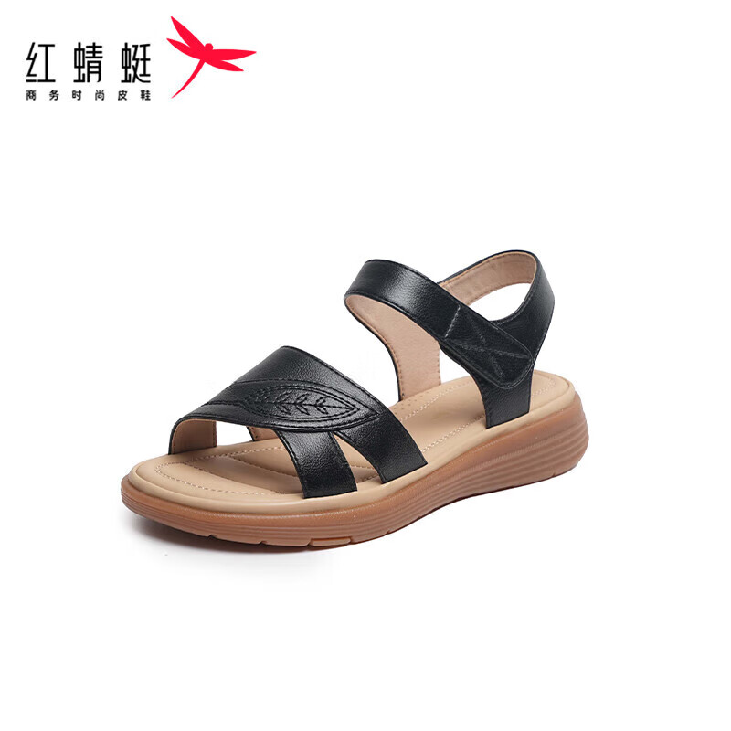 Red Dragonfly Women's Summer Leather Soft Sole Non-Slip Comfortable Middle-Aged and Elderly Sandals WJK24842P Apricot 37