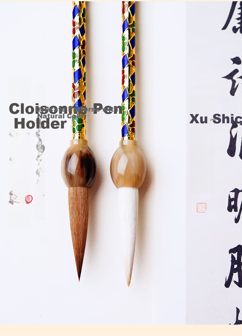 Rongbaozhai Calligraphy Brush Set, Sheep Hair Traditional Carved Enamel Ox Horn Handle, Four Treasures of The Study, Calligraphy Running Seal Script Regular Handmade Soft Brush, High-End Premium Collectible Gift Box, Jingtai Blue Sheep Hair 5