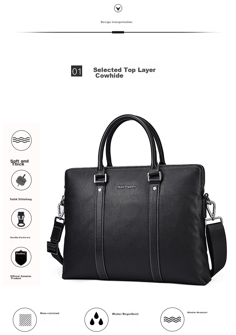Hush Puppies Briefcase for Men, Top-Grain Leather, Shoulder Crossbody Handbag, Men's Business Laptop Bag, Father's Day Gift for Boyfriend, Black 9