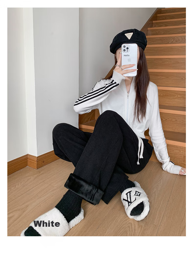LangSha White Chenille Slim Wide-Leg Pants for Women, Spring And Autumn Thin Style, High-Waisted Draping Straight-Leg Corduroy Casual Sports Trousers 16