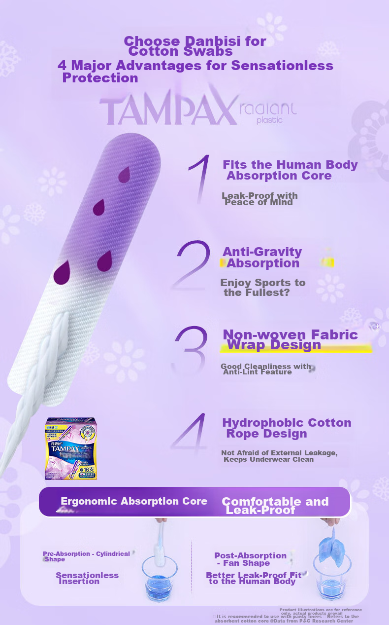 TAMPAX Easy-Push Short Tampons, Regular Flow, 16 Count, Built-In Cotton Pads, Sanitary Napkins, Summer Comfort Protectio 6