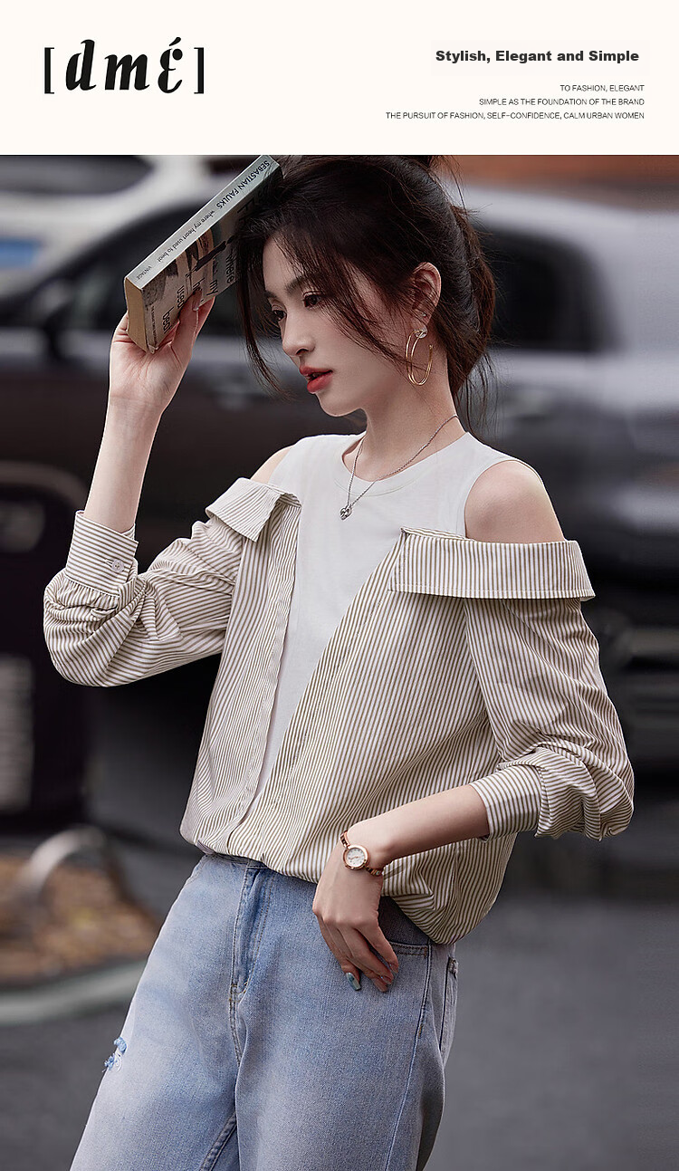 Dme Round Neck Cotton Faux Two-Piece Off-Shoulder Shirt, Plaid Patchwork Blouse, Women's Top, Off-White, M 1