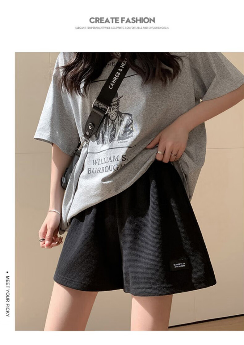 XUEXIMAN Women's High-Waisted Sports Shorts, Slimming Versatile Waffle Casual Pants, Loose A-Line Wide-Leg Summer Knitted Hot Pants 15