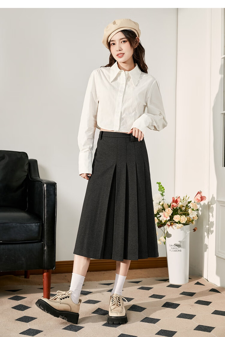 TonLion 2023 Women's High-Waisted A-Line Pleated Midi Skirt, Academic Style, Linen Gray, L 11
