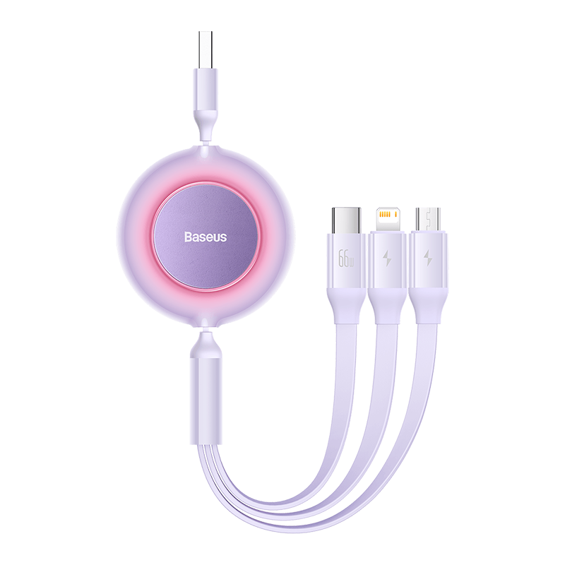 Baseus Data Cable Three-In Charging Cable, 6A Fast Charging 66W, Retractable One-To Type-C, Compatible with Apple 14/13, Xiaomi, Huawei Mate70, Xiaomi Phones, Car Charger, Purple