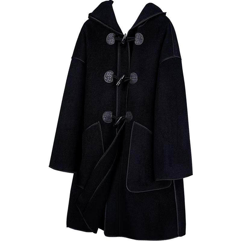 Dme Vintage Youthful Spring Autumn Hooded Straight Long Sleeve Drop Shoulder Double-Sided Wool Toggle Coat Women Mid-Length