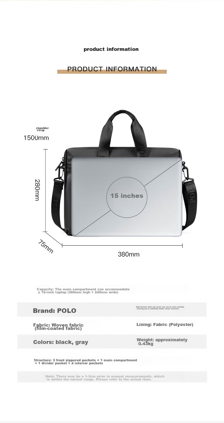 POLO Briefcase, Men's Casual Business Bag, 15-Inch Laptop Bag, Office Handbag for Men, Shoulder Crossbody Bag 14