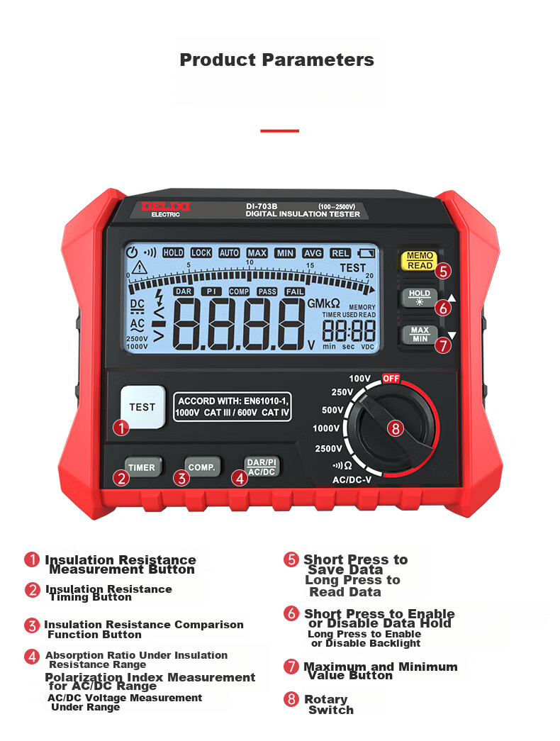 DELIXI ELECTRIC Digital Insulation Resistance Tester, Digital Megohmmeter, Electrical Insulation Meter, 703B 19