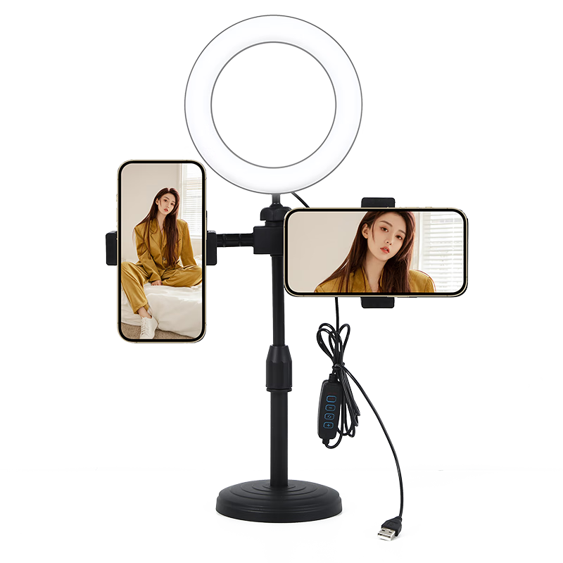 BIAZE [Dual-Position with Lights] Mobile Phone Live Streaming Stand, Desktop Fill Light, Beauty Light, TikTok Video Shooting, Multifunctional Adjustable Height And Length Phone Holder B50