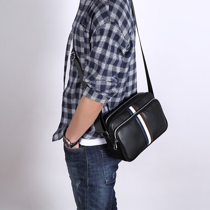 GOLF Shoulder Bag for Men, Top-Grain Leather with Microfiber Crossbody Bag, Business Commute Contrasting Color Messenger Bag, Black