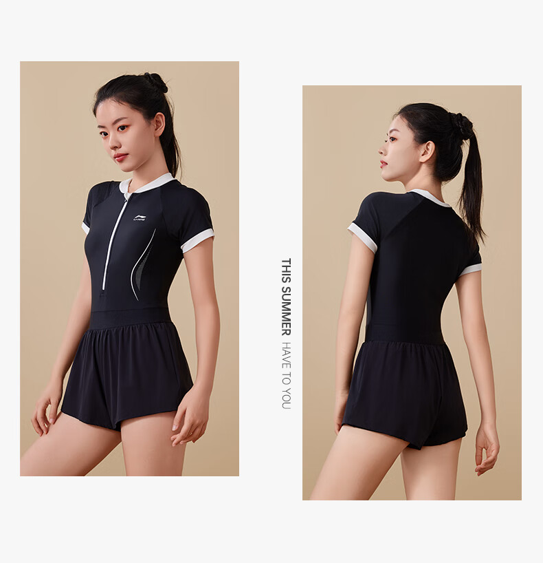 Li-Ning One-Piece Swimsuit for Women, Square Leg Design, Suitable for Hot Springs And Swimming, Two-In Swimwear, Fashionable Plus Size Swimwear, Model 4611, Black, Size L 17
