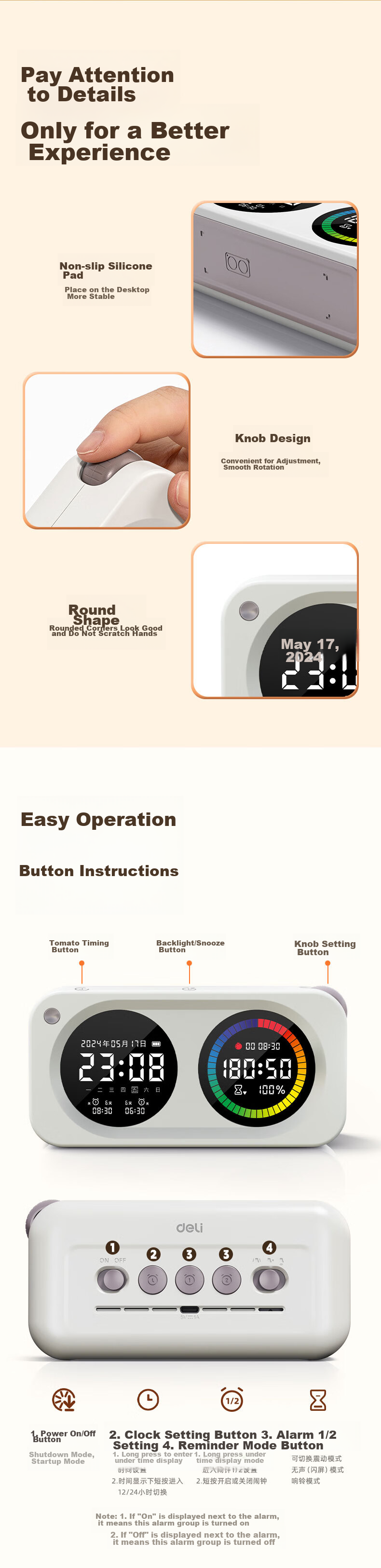 Deli Visual Smart Alarm Clock Timer, Student-Specific Wake-Up Device with Backlight Bedside Clock And Thermometer, Essential for Back-To And Graduation Seasons, LE107 White Gift 37