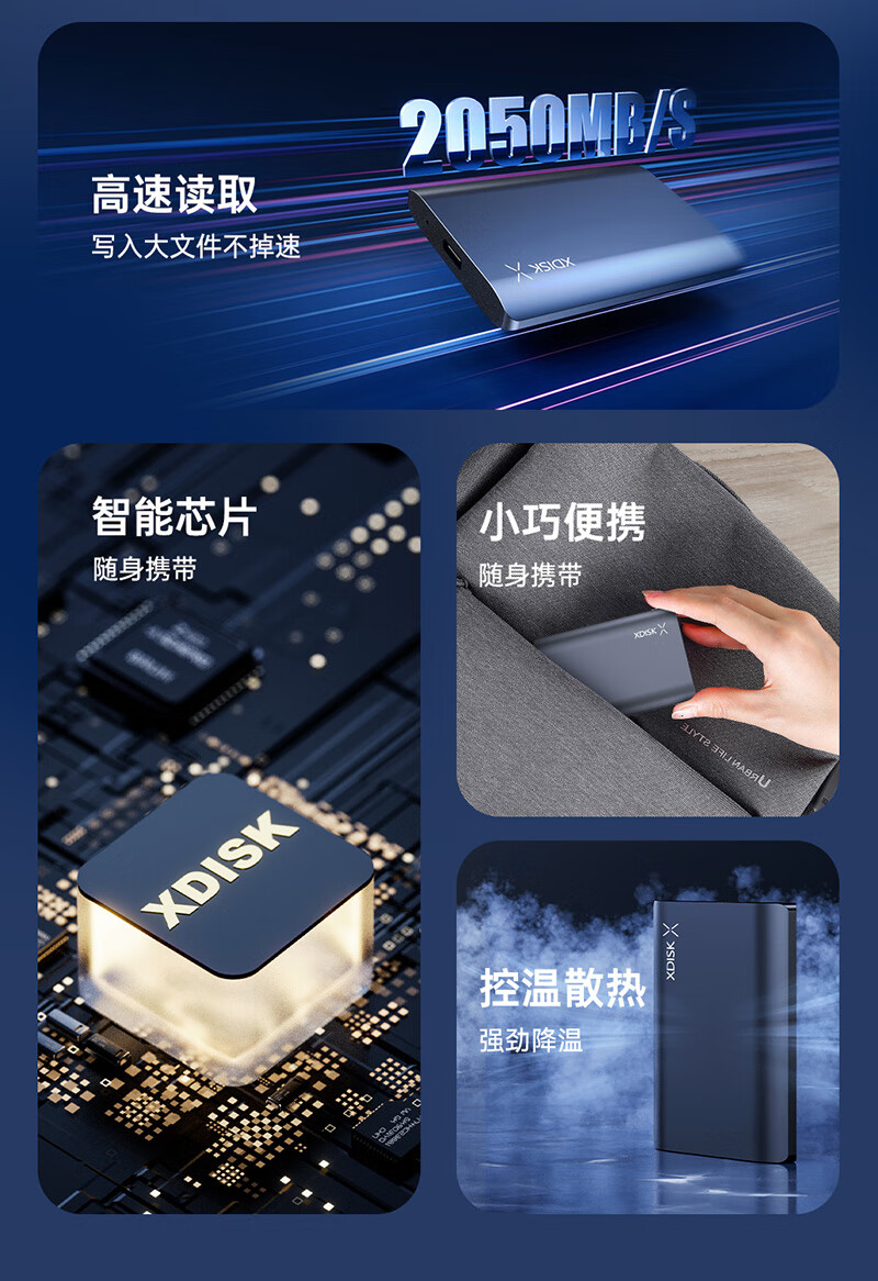 Xiaopan (XDISK) 2TB Portable Solid State Drive (PSSD), M10P Gun Black, NVMe SSD, Type-C, Yangtze Memory, USB3.2, Direct Phone Connection, 2050MB/s 2