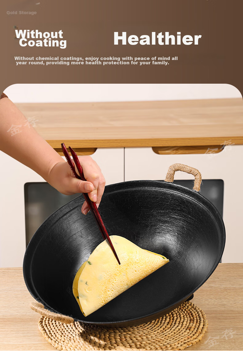 Jincun Cast Iron Wok, Uncoated Stir-Fry Pan, Stew Pot, Non-Stick, Home Use, Round Bottom, Double Handles, Authentic Raw Iron, 38cm 3