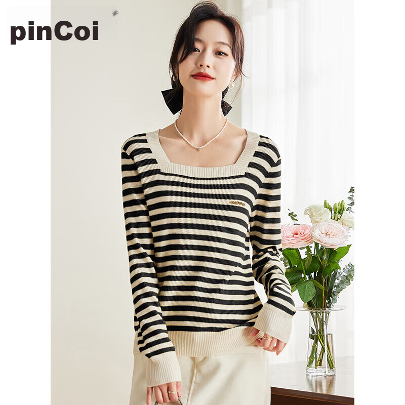 PinCai Women's Knit Sweater with Wild Maillard Letter Brooch, Square Neckline Knitted T-Shirt, Striped Inner Layer Top P143Z3007