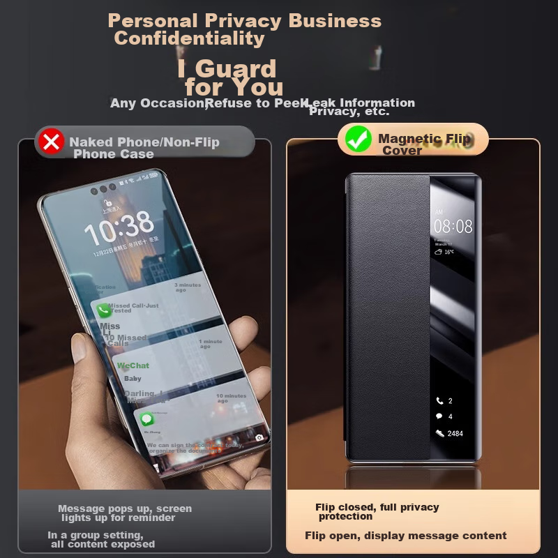 皮皮壳【全包防摔款】适用华为Mate60pro+手机壳玄黑色新款智能视窗镜头全包磁吸翻盖全包防摔真皮保护套