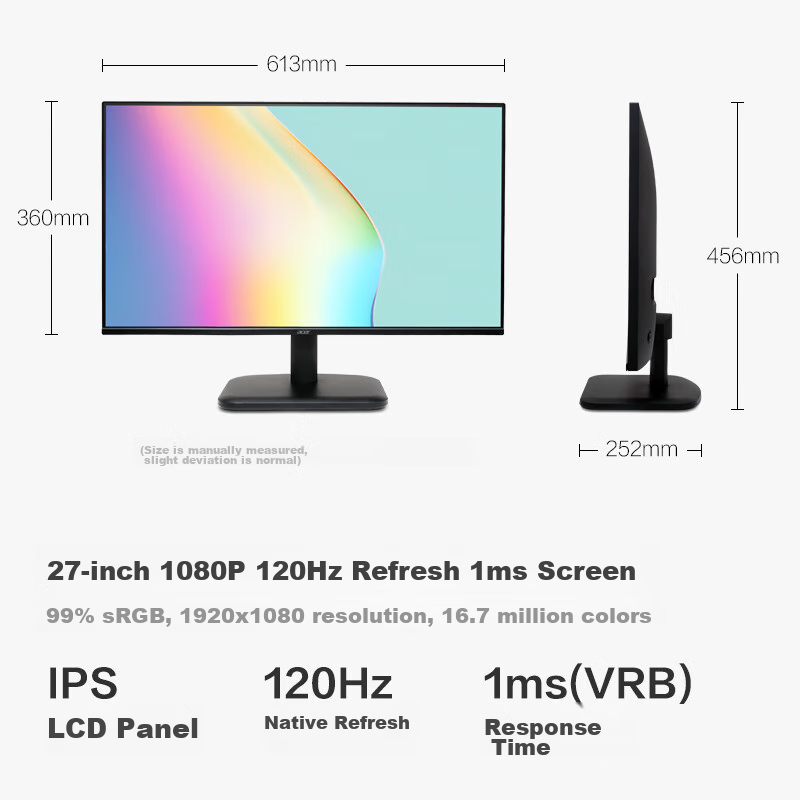Acer 27-Inch Office And Light Gaming Monitor, 120Hz Refresh Rate, Dual VGA/HDMI Ports, Model EK271 Gbi
