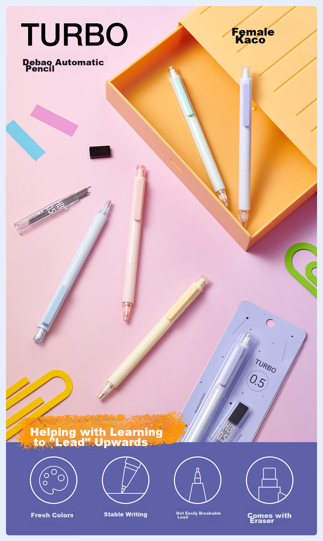[Back to School Essential] KACO Deruobao Mechanical Pencil for Students' Drawing And Activities, Lavender Purple, 0.5mm HB, with Card Holder (1 Pencil + 1 Box of Lead Refills) 1