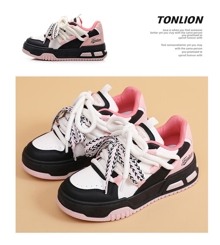 TonLion Women's Shoes, Spring And Summer 2026 Thick-Soled Sneakers, Ladies Casual Shoes, Versatile Sports Dad Shoes, White Black Pink, Size 37 3
