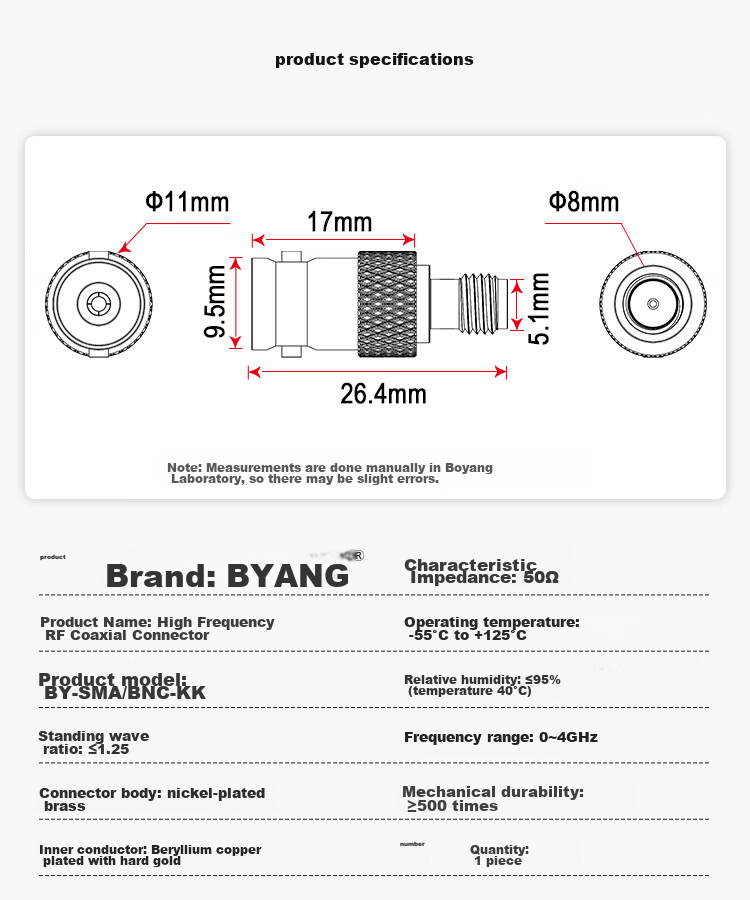 BOYANG High-Frequency RF Coaxial Adapter, 50 Ohm SMA Female to BNC Female Converter, SMA Female/BNC Female Adapter, 1 Piece, BY-SMA/BNC 8
