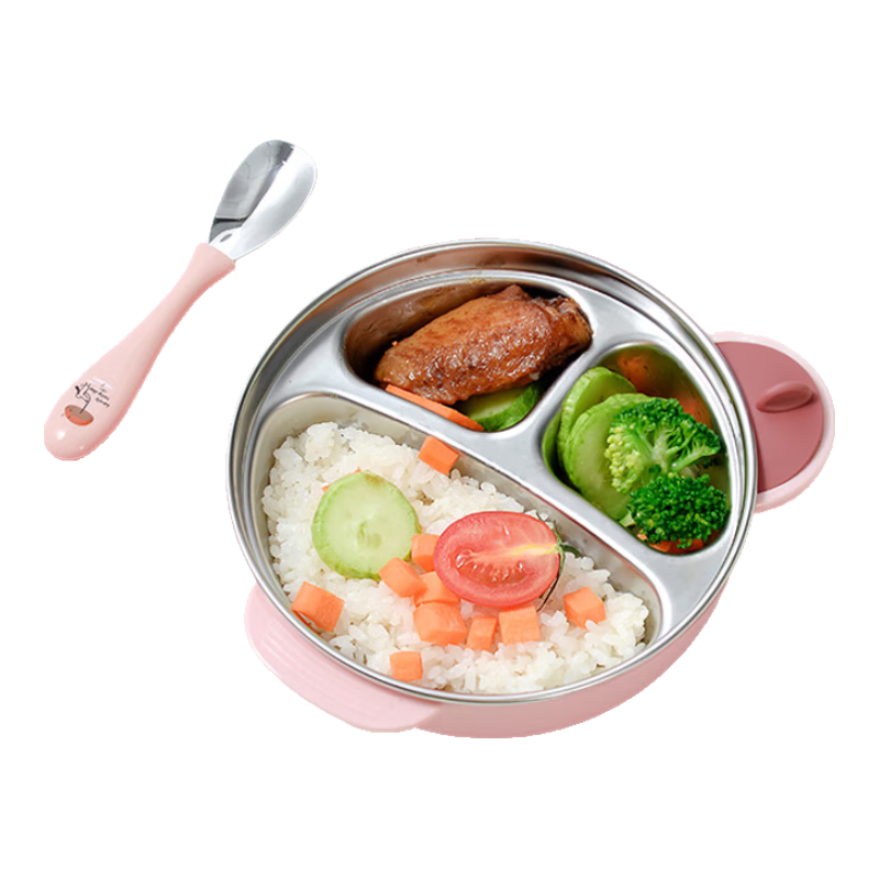 COOKSS Children's Plate, 316 Stainless Steel Divided Baby Feeding Utensils, Complementary Food Bowl, Baby Suction Cup Water-Filled Insulated Bowl with Fork And Spoon, Pink