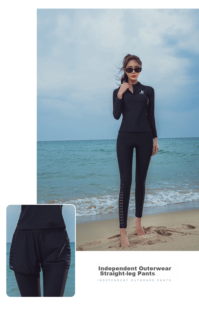 Sanqi Women's Two-Piece Swimsuit, Conservative Long-Sleeve Top And Long Pants Set for Hot Springs, Diving Suit Swimwear 21007 Black Size M 5