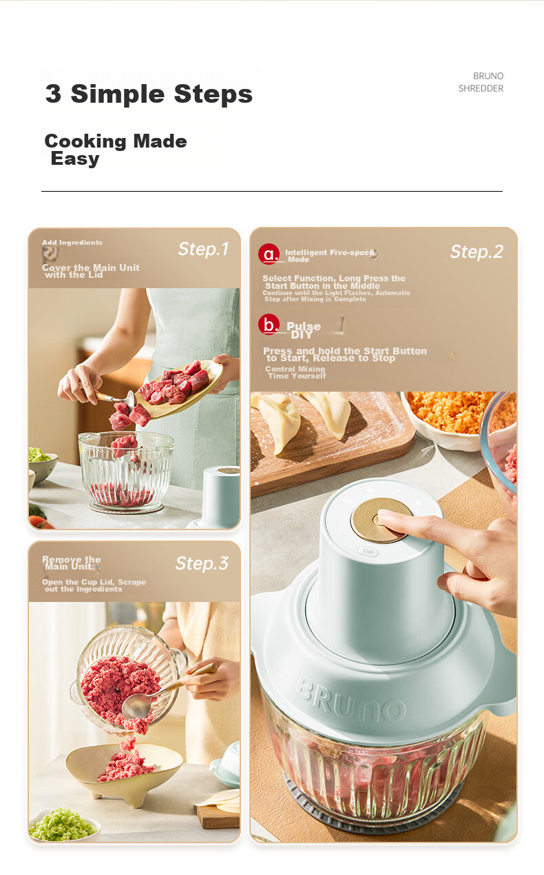 BRUNO Meat Grinder And Seasoning Machine, Home Electric Multi-Functional Food Processor for Mincing Meat, Mixing Dumpling Filling, Garlic Paste, Adjustable Coarseness, 2L Herb White 9