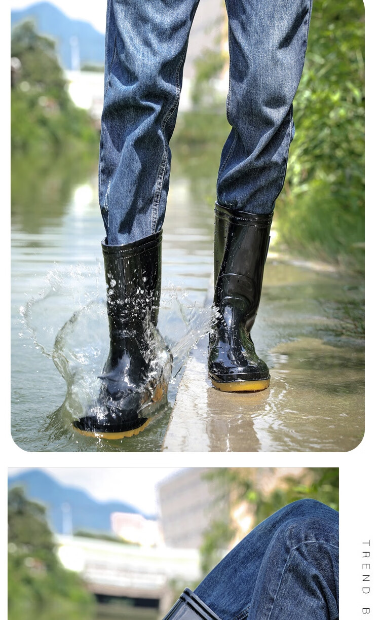Huili Rain Boots for Men, Waterproof Outdoor Wear-Resistant Rubber Shoes, Non-Slip Rain Boots, Overshoes HL822866, Mid-Calf, Black, Size 44 9