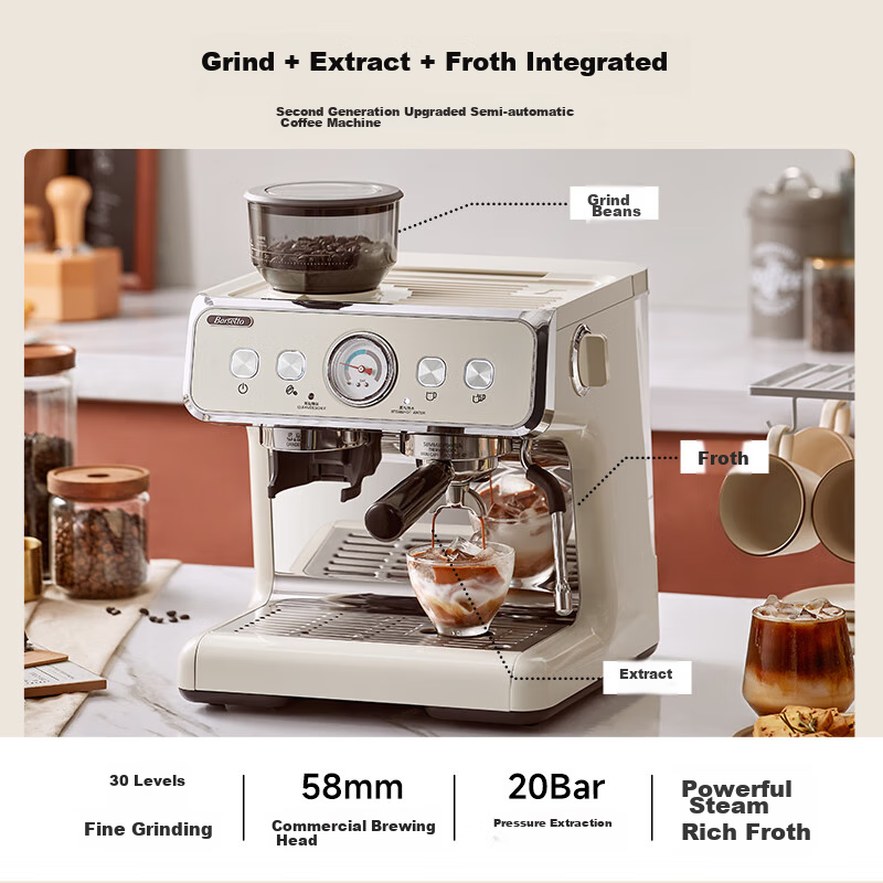 Barsetto Coffee Machine [Mid-Autumn Festival Gift] Home And Office Small Semi-Automatic Italian Grinding All-In Steam Milk Frother with Dual Pumps And Dual Heating, BAE02 White