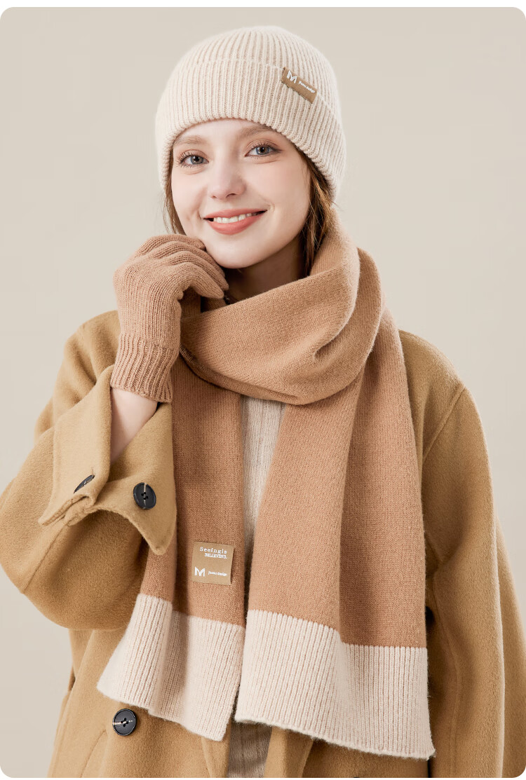 JIUMU Pure Wool Warm Scarf, Hat And Gloves Three-Piece Set for Women, Winter Birthday New Year Gift for Girls, Gift Box Packaging 12