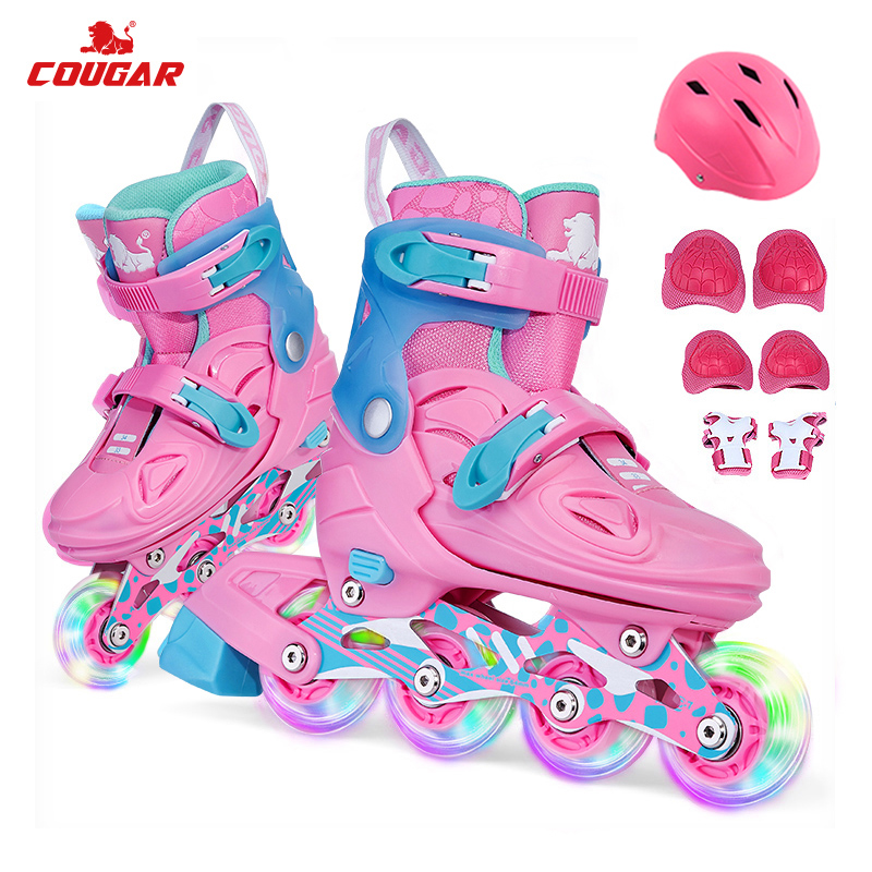 COUGAR Roller Skates Children's Set, Adjustable Inline Skates MZS885 Pink Size S [Suitable for Primary And Secondary School Physical Education Classes]