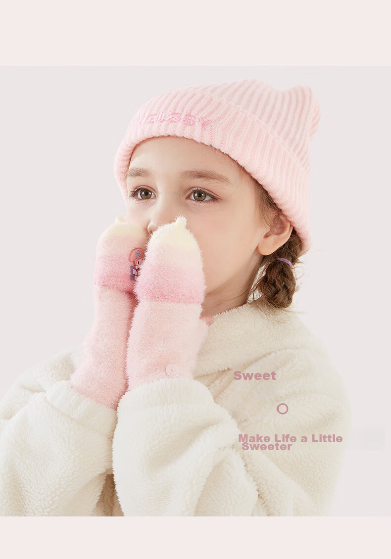 Hello Kitty Children's Winter Warm Knitted Half-Finger Gloves Cute Girls Big Kids Writing 3121D Melody Pink 4