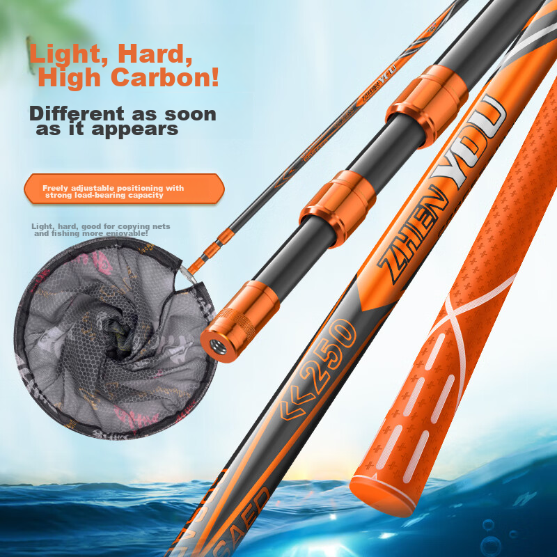 Grsaed Carbon Fiber Landing Net Pole, Ultra-Light And Ultra-Hard, Telescopic Fishing Netting Pole, Complete Fishing Net Set, 2.1 Meters, Orange