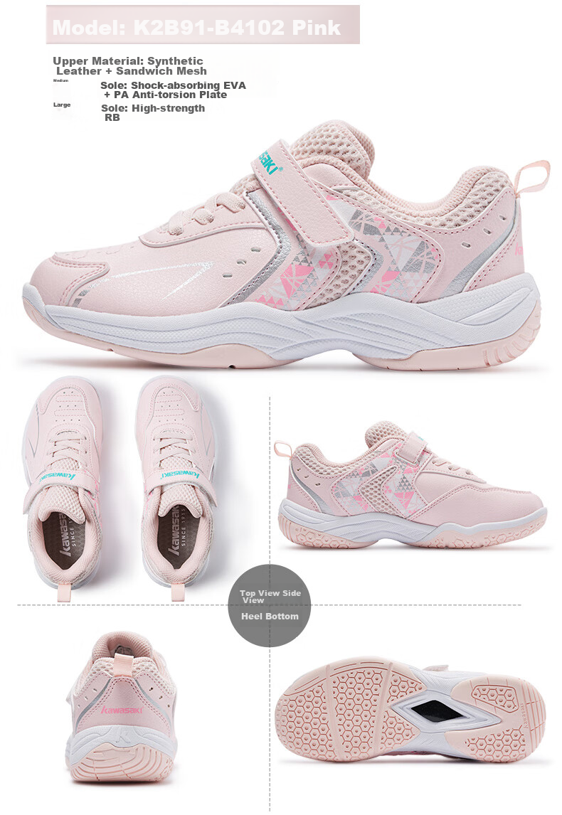 KAWASAKI Youth Badminton Shoes, Wear-Resistant, Shock-Absorbing, Breathable, Sports Running Shoes B4102, Pink, Size 32 14