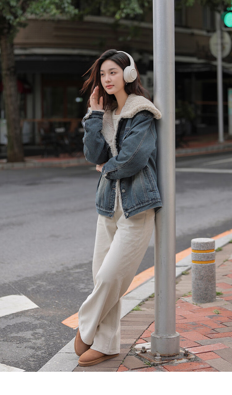 DME Fashion Vintage Large Lapel Winter Denim Composite Faux Lamb Wool Jacket for Women Dark Denim Blue S 12
